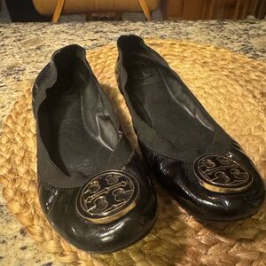 Tory Burch Black Flats with Gold Logo